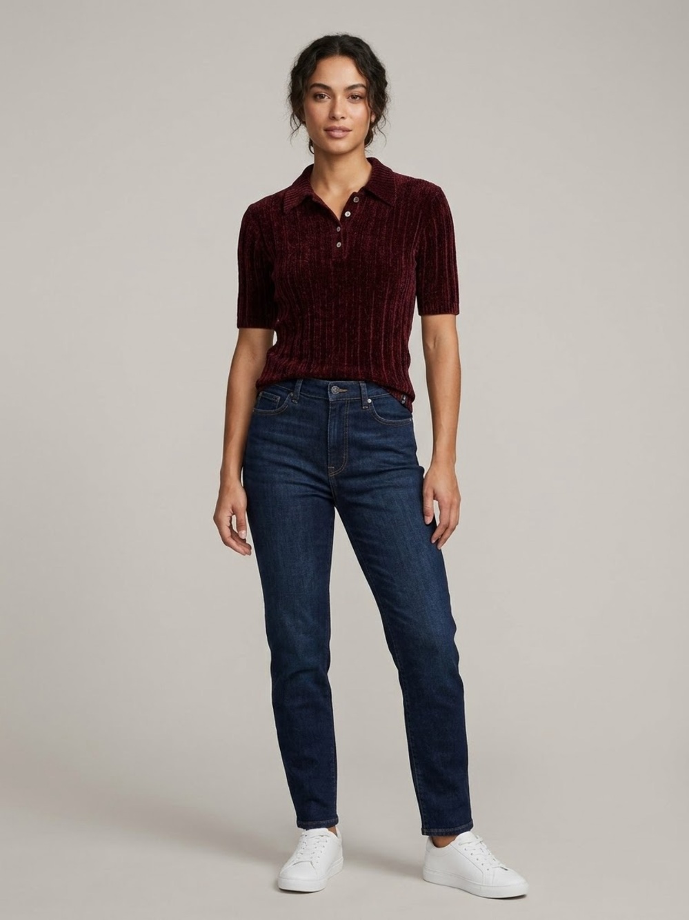 Vintage AX Armani Exchange Burgundy Chenille Ribbed Polo Top M
